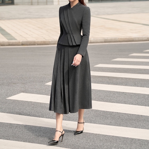 NWT🔖Lobbster Vietnamese Designer Brand Grey Draped Midi Skirt Wool A-line - Picture 5 of 12